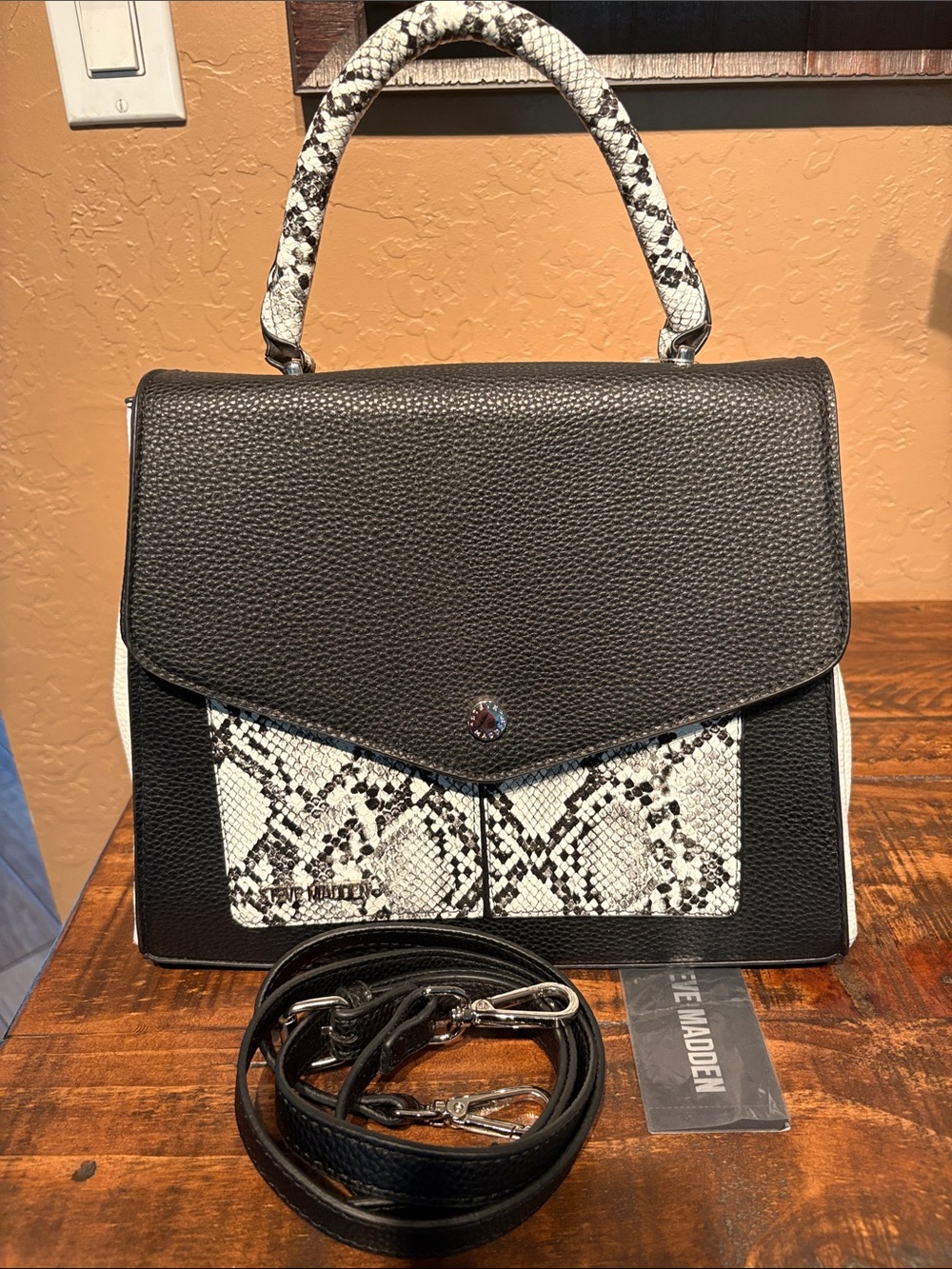 Steve Madden NWT Black and White Snake-Print Top Handle Satchel/CB MSRP $98